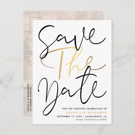Elegant Calligraphy Photo Wedding Save the Date Aankondigingskaart (Voorkant / Achterkant)