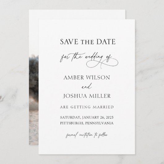 Elegant Calligraphy Photo Wedding Save the Date In Kaart (Voorkant / Achterkant)