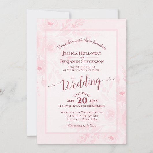 Elegant Calligraphy Pink Peonies QR Code Wedding Kaart (Voorkant)