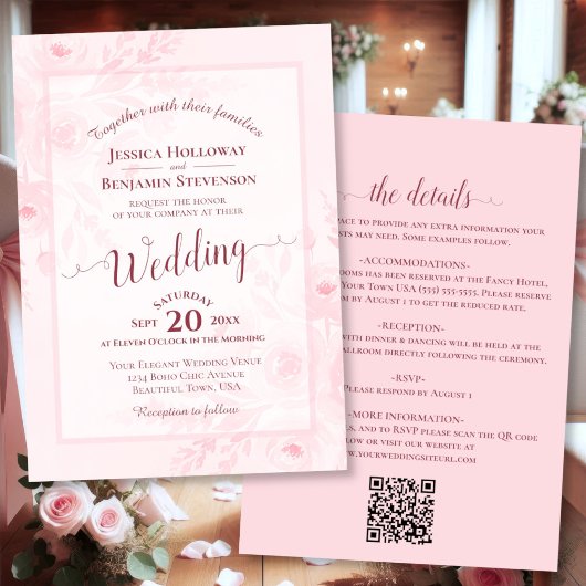 Elegant Calligraphy Pink Peonies QR Code Wedding Kaart