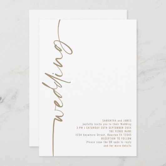 Elegant Calligraphy QR Code Champagne Gold Wedding Kaart (Voorkant / Achterkant)