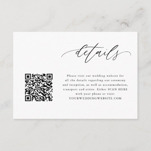 Elegant Calligraphy QR Code Wedding Details Kaarte Informatiekaartje (Voorkant)