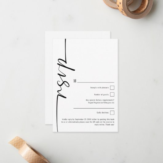 Elegant Calligraphy QR Code Wedding RSVP Notitiekaartje (Voorkant / Achterkant in situ)