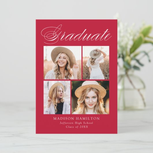 Elegant Calligraphy Red 4 Photo Afstuderen Aankondiging (Staand voorkant)