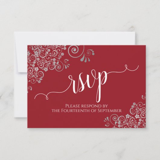 Elegant Calligraphy Red met Silver Frills Weddensc RSVP Kaartje (Voorkant)