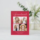 Elegant Calligraphy Red Photo Graduparty Uitnodiging Briefkaart (Staand voorkant)