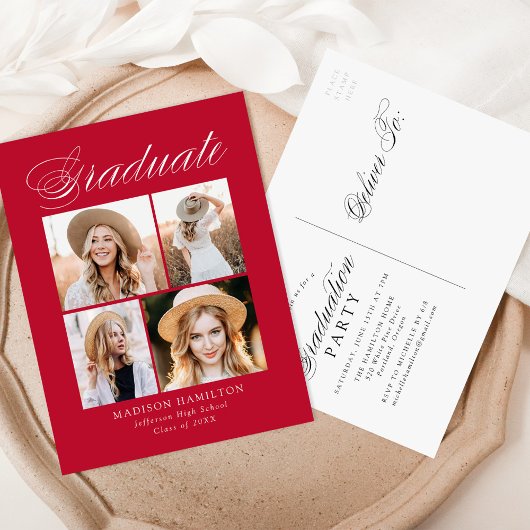 Elegant Calligraphy Red Photo Graduparty Uitnodiging Briefkaart