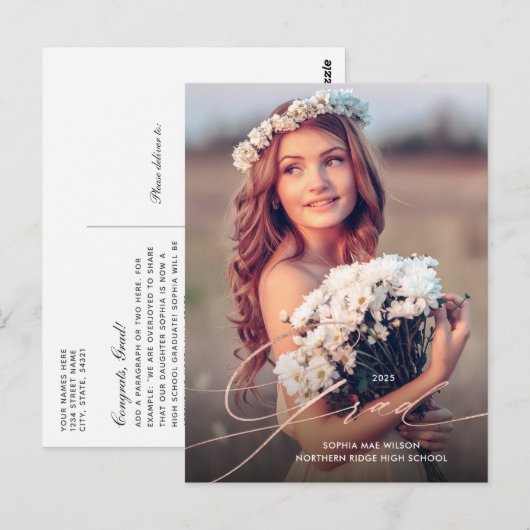 Elegant Calligraphy Roos Gold Photo Afstuderen Briefkaart (Voorkant / Achterkant)