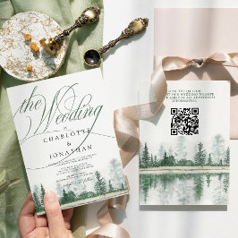 Elegant Calligraphy Rustic Forest QR Code Wedding Kaart