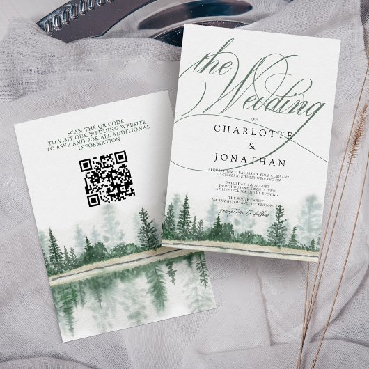 Elegant Calligraphy Rustic Forest QR Code Wedding Kaart