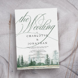 Elegant Calligraphy Rustic Mountains Wedding Kaart