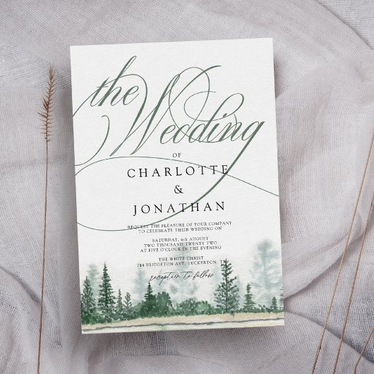 Elegant Calligraphy Rustic Mountains Wedding Kaart