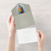 Elegant Calligraphy Sage Green Photo RSVP Wedding All In One Uitnodiging (Afscheurbaar)