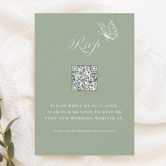 Elegant Calligraphy Sage Green Wedding QR Code RSVP Kaartje