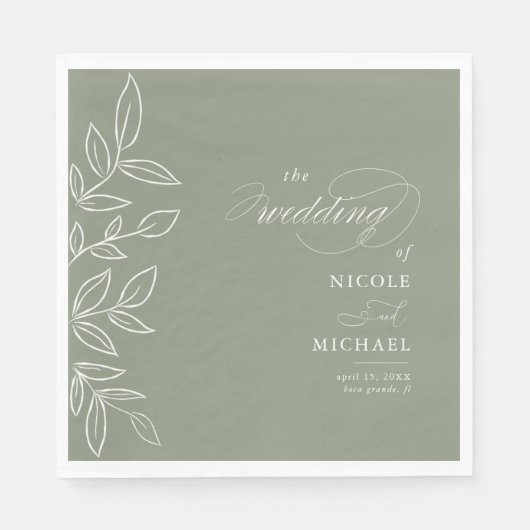 Elegant Calligraphy Sage Minimalist Leaves Wedding Servet (Voorkant)