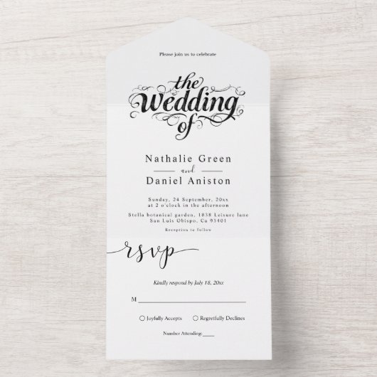 Elegant Calligraphy Script Black and White Wedding All In One Uitnodiging (Binnen)
