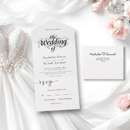Elegant Calligraphy Script Black and White Wedding All In One Uitnodiging