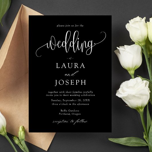 Elegant Calligraphy Script Black and White Wedding Kaart