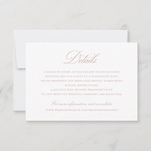Elegant Calligraphy Script Blush Wedding Details Kaart (Voorkant)