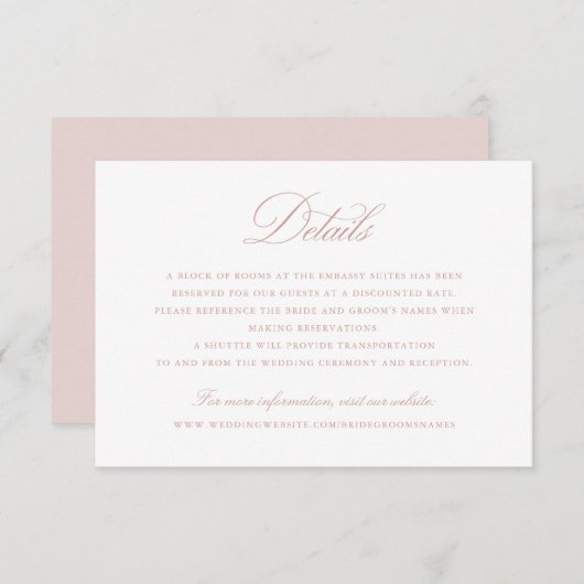 Elegant Calligraphy Script Blush Wedding Details Kaart (Voorkant / Achterkant)