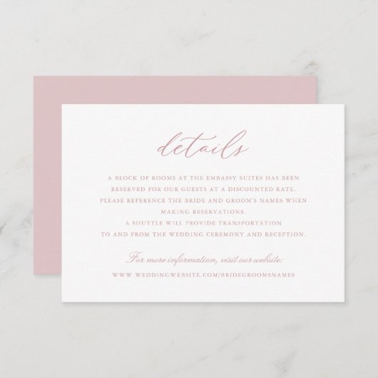 Elegant Calligraphy Script Blush Wedding Details Kaart (Voorkant / Achterkant)