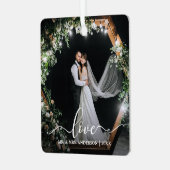 Elegant Calligraphy Script Couple Photo Love Metalen Ornament (Voorkant links)