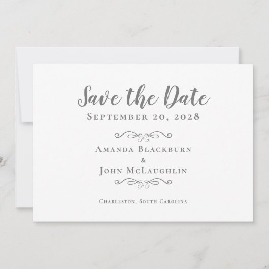 Elegant Calligraphy Script Delicate Romantic Gray Save The Date (Voorkant)