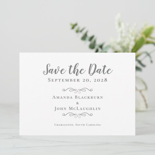 Elegant Calligraphy Script Delicate Romantic Gray Save The Date (Staand voorkant)