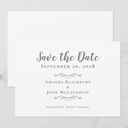 Elegant Calligraphy Script Delicate Romantic Gray Save The Date (Voorkant / Achterkant)