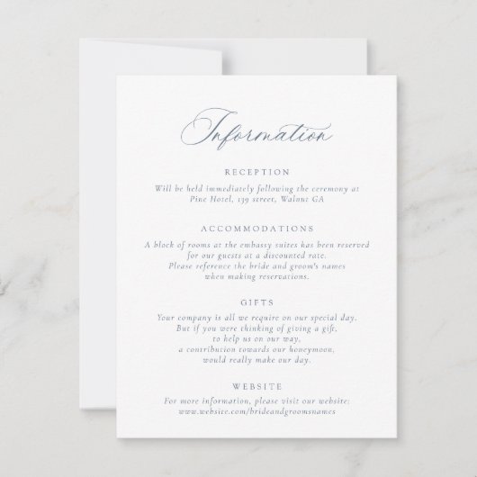 Elegant Calligraphy Script Dusty Blue Wedding Info Kaart (Voorkant)
