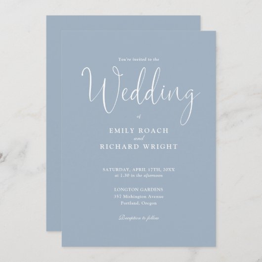 Elegant Calligraphy Script Dusty Blue Wedding Kaart (Voorkant / Achterkant)