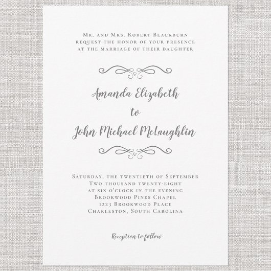 Elegant Calligraphy Script Formal Wedding Grey Kaart
