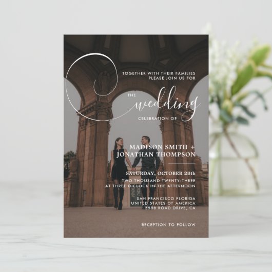 Elegant Calligraphy Script Grey Photo Wedding Kaart (Staand voorkant)