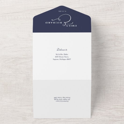 Elegant Calligraphy Script Navy Blue Wedding All In One Uitnodiging (Buitenkant)
