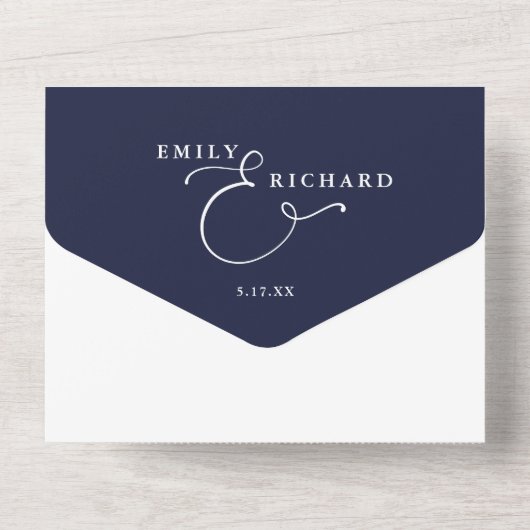 Elegant Calligraphy Script Navy Blue Wedding All In One Uitnodiging (Achterkant)