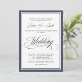 Elegant Calligraphy Script Navy Blue Wedding Invit Kaart (Staand voorkant)