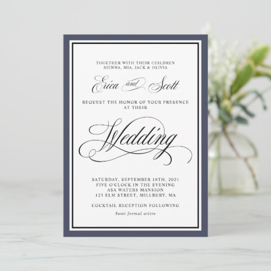 Elegant Calligraphy Script Navy Blue Wedding Invit Kaart (Staand voorkant)