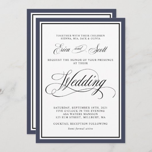 Elegant Calligraphy Script Navy Blue Wedding Invit Kaart (Voorkant / Achterkant)