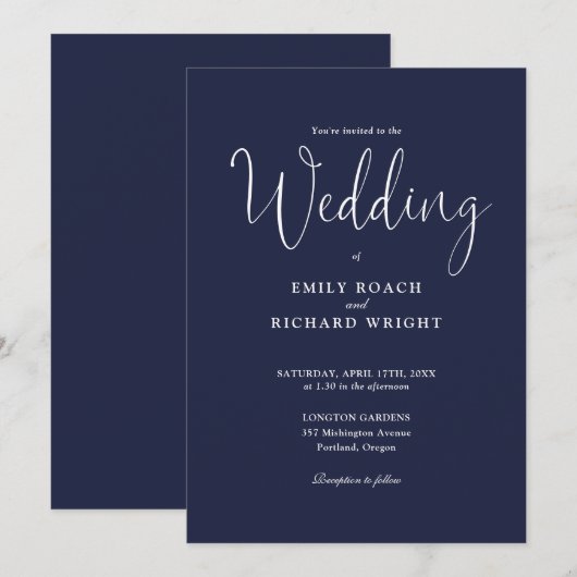 Elegant Calligraphy Script Navy Blue Wedding Kaart (Voorkant / Achterkant)