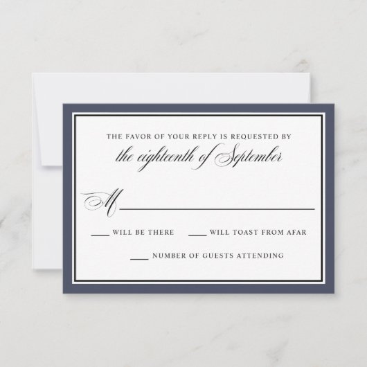 Elegant Calligraphy Script Navy Blue Wedding RSVP (Voorkant)