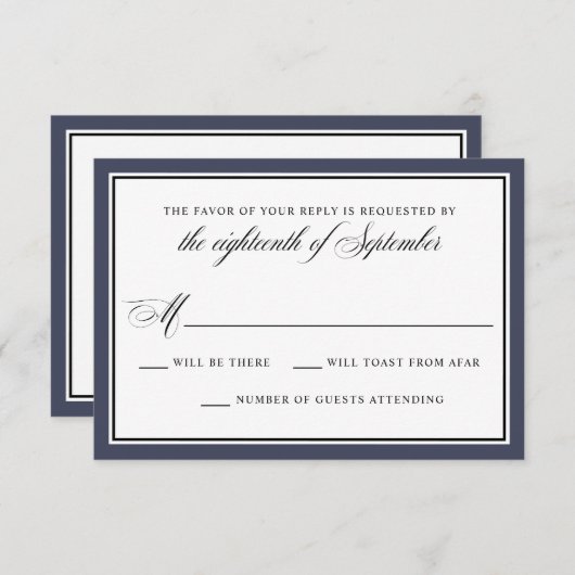 Elegant Calligraphy Script Navy Blue Wedding RSVP (Voorkant / Achterkant)