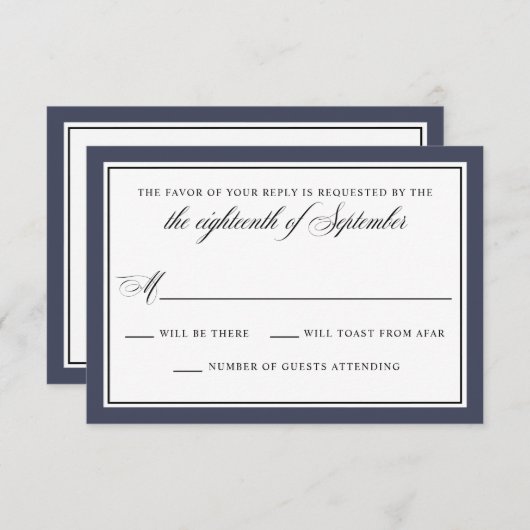 Elegant Calligraphy Script Navy Blue Wedding RSVP (Voorkant / Achterkant)
