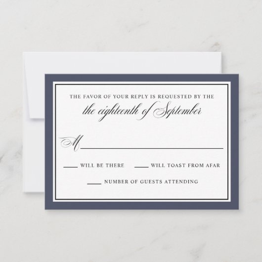 Elegant Calligraphy Script Navy Blue Wedding RSVP Kaartje (Voorkant)
