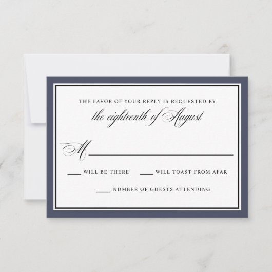 Elegant Calligraphy Script Navy Blue Wedding RSVP Kaartje (Voorkant)