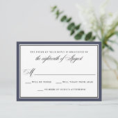 Elegant Calligraphy Script Navy Blue Wedding RSVP Kaartje (Staand voorkant)