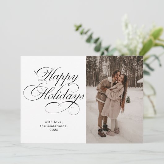 Elegant Calligraphy Script Photo Collage Christmas Feestdagenkaart (Staand voorkant)