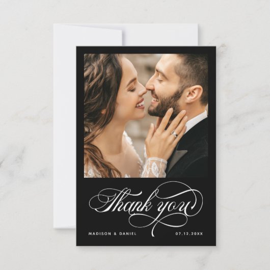 Elegant Calligraphy Script Photo Wedding Black Bedankkaart (Voorkant)
