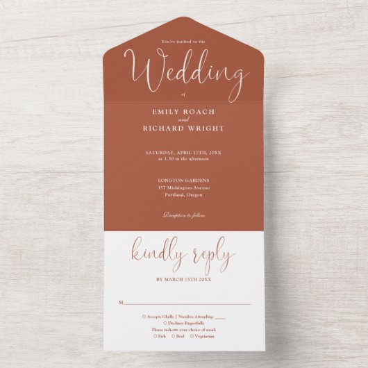 Elegant Calligraphy Script Terracotta Wedding All In One Uitnodiging (Binnen)