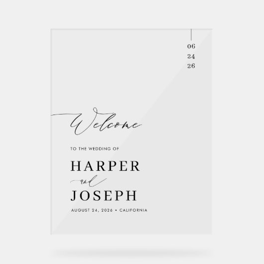 Elegant Calligraphy Script Weddenschap Welkom Acryl Bord (Voorkant)