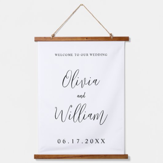 Elegant Calligraphy Script Weddenschap Welkom Hangend Wandkleed (Voorkant)